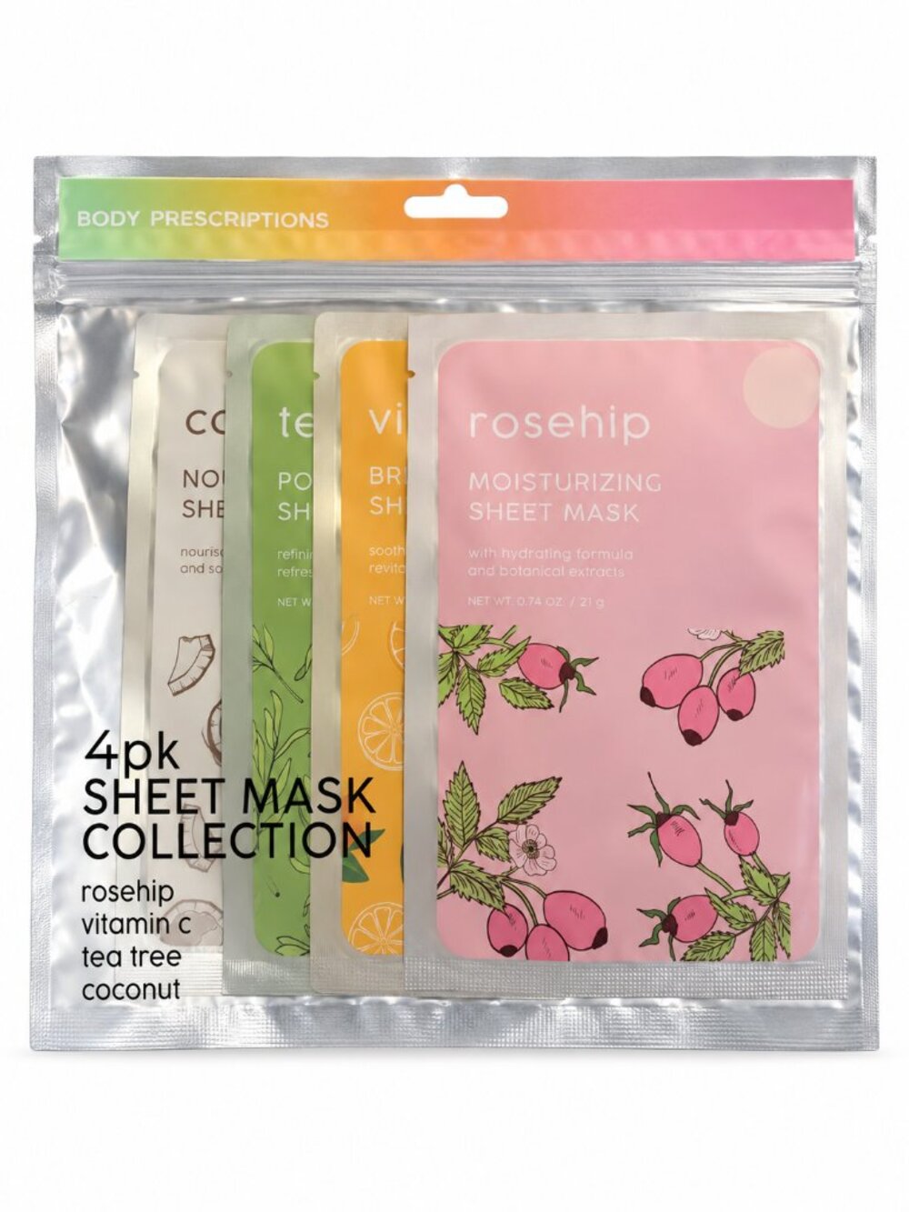 Body Prescriptions Facial Sheet Mask Variety Pack, Rosehip, Vitamin C, Tea Tree